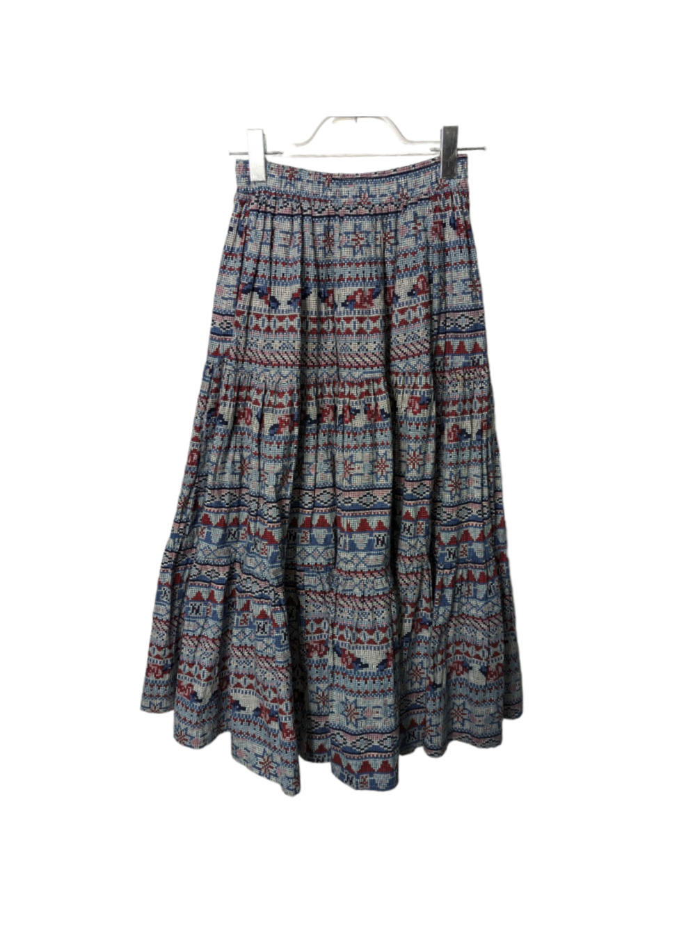 Vintage 80's KWBL Los Angeles Maxi Skirt Tiered Full Pixelated Folk Art Print M